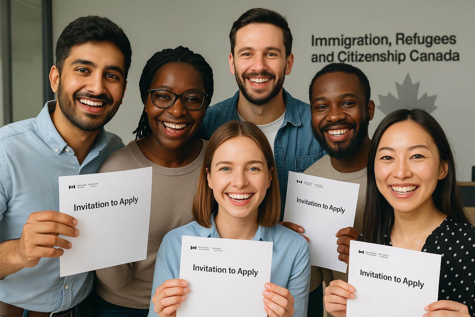 Six happy, ethnically diverse individuals holding their Invitations to Apply (ITAs) from Immigration, Refugees, and Citizenship Canada (IRCC).