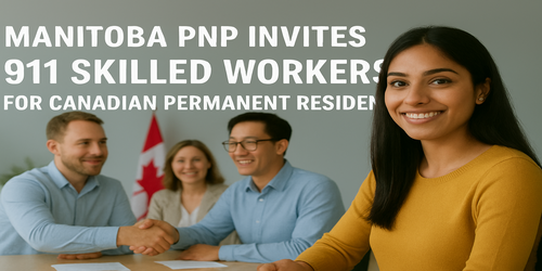 Diverse group of professionals meeting at a table with a Canadian flag in the background and overlaid headline text announcing Manitoba PNP’s invitation of 911 skilled workers for Canadian permanent residence.