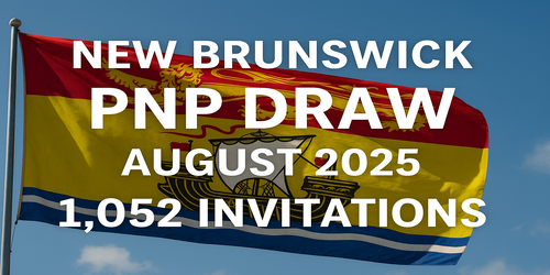 New Brunswick PNP Draw August 2025 graphic showing provincial flag and announcement of 1,052 invitations for Canada PR