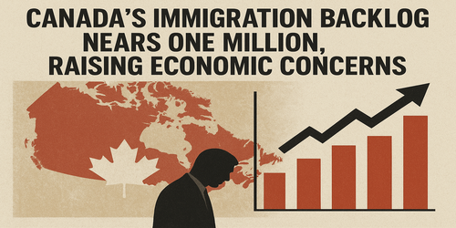 Digital illustration depicting Canada’s immigration backlog nearing one million, showing a red map of Canada with a maple leaf, a worried silhouette, and a rising bar graph to represent economic concerns.