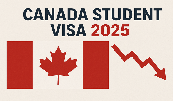 Canada Student Visa 2025 graphic showing a Canadian flag with a downward arrow, representing new rules reducing international student numbers.