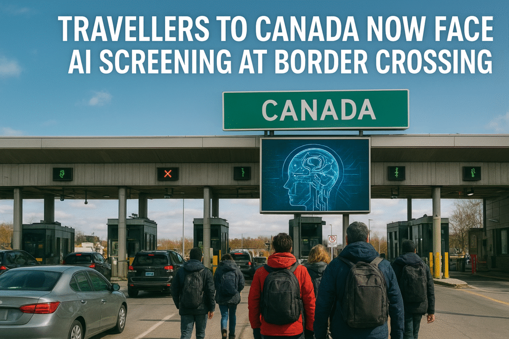 Travellers approach a Canadian border crossing with a large digital screen showing an AI brain scan graphic, highlighting new AI screening procedures.