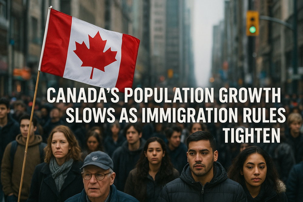 Diverse crowd of people walking in a Canadian city with a large Canadian flag and headline text about slowed population growth due to tighter immigration rules.