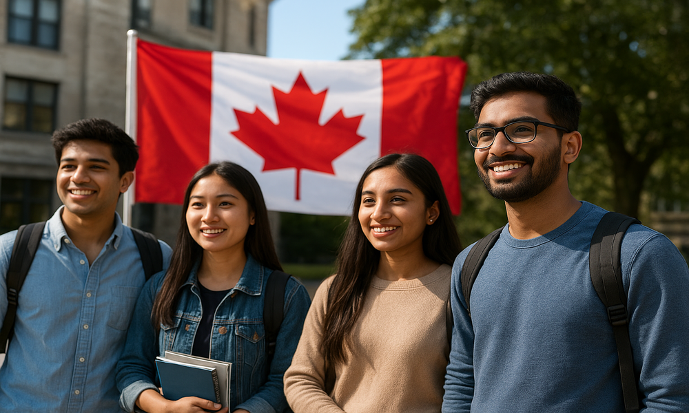 Group of international students, including Indian students, standing with books and backpacks in front of a Canadian flag on a university campus.