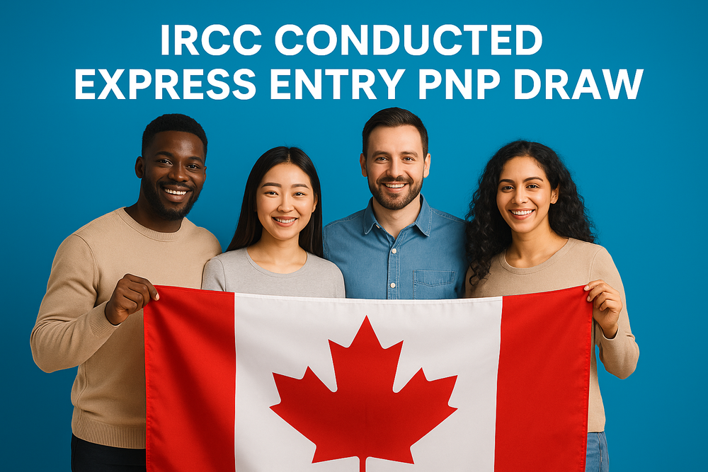 People holding the Canadian flag with headline stating that IRCC conducted an Express Entry Provincial Nominee Program draw.