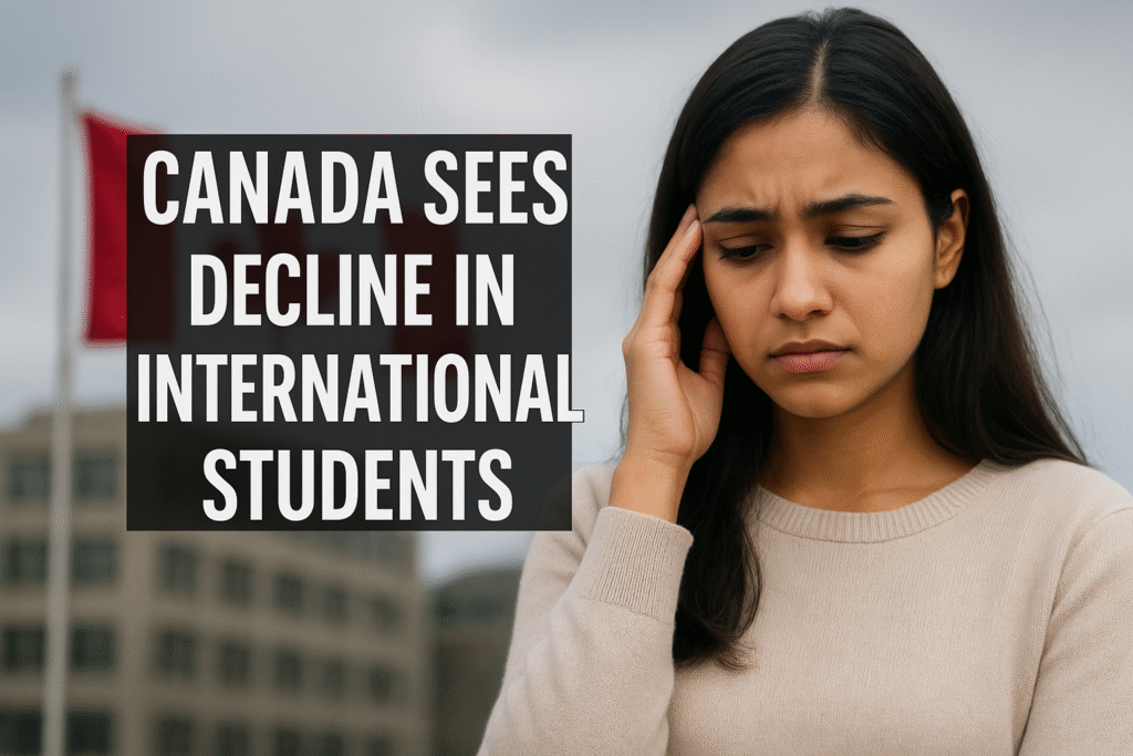 Concerned international student with Canadian flag in background and headline about decline in student numbers.