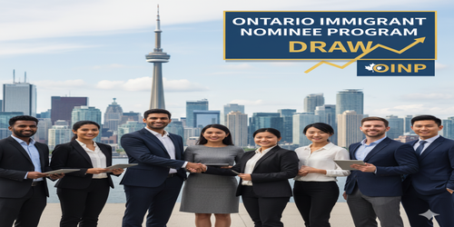 A group of diverse professionals stand in front of the Toronto skyline, shaking hands and holding documents, with a graphic overlay promoting the Ontario Immigrant Nominee Program (OINP) draw.