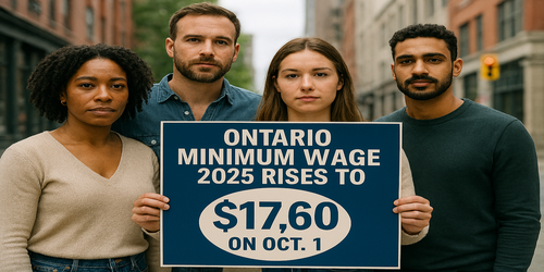 Four diverse individuals stand together on a city street holding a sign announcing Ontario's minimum wage increase to $17.60 on October 1, 2025.