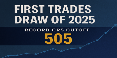 Graphical representation of the First Trades Draw of 2025 highlighting a record CRS cutoff score of 505 with an upward-trending line graph