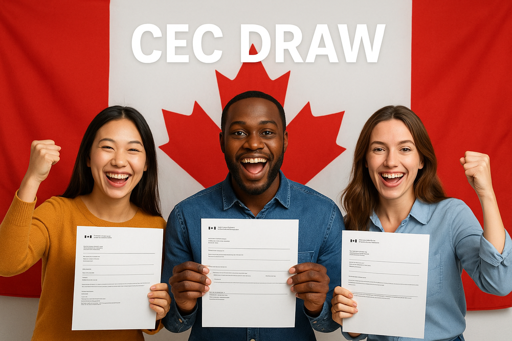 Happy Express Entry applicants celebrating Canadian Experience Class (CEC) draw results with Canada flag background.