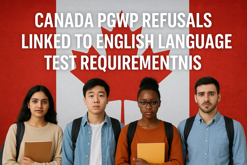 International students standing in front of the Canadian flag with headline about PGWP refusals due to English language test requirements