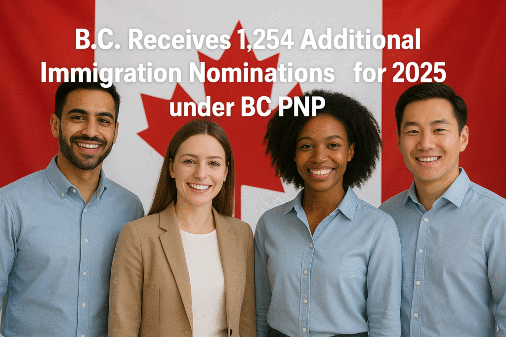 Four diverse applicants smiling in front of a Canadian flag with headline text announcing B.C. receives 1,254 additional immigration nominations for 2025 under the BC PNP.