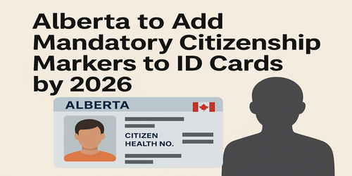 Alberta ID card illustration showing new mandatory citizenship markers planned for 2026, alongside headline text about changes affecting immigrants and international students.