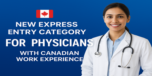 Featured image announcing Canada’s new Express Entry category for physicians with Canadian work experience, showing a smiling doctor and text highlighting the immigration update.